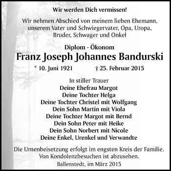 Traueranzeige von Franz Joseph Johannes Bandurski von WVG - Wochenspiegel Quedlinburg