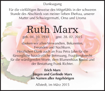Traueranzeige von Ruth Marx von Mitteldeutsche Zeitung Sangerhausen