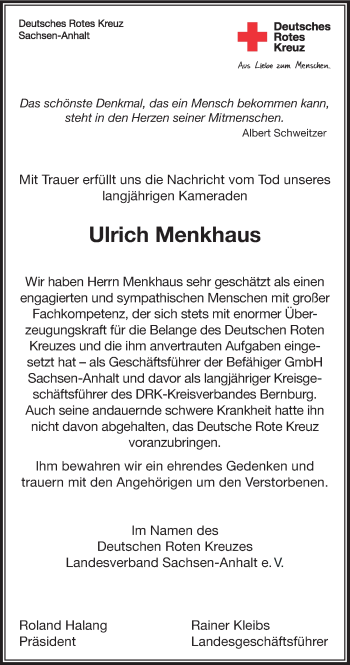 Traueranzeige von Ulrich Menkhaus von Mitteldeutsche Zeitung