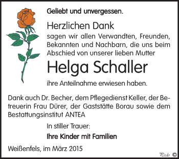 Traueranzeige von Helga Schaller von WVG - Wochenspiegel NMB / WSF / ZTZ