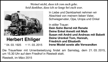 Traueranzeige von Herbert Ehliger von Mitteldeutsche Zeitung Sangerhausen