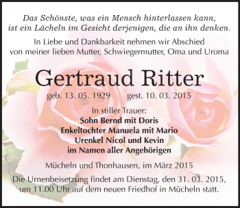 Traueranzeige von Gertraud Ritter von Mitteldeutsche Zeitung Merseburg/Querfurt