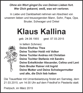 Traueranzeige von Klaus Kallina von Super Sonntag Wittenberg