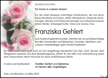 Traueranzeige von Franziska Gehlert von Super Sonntag Zeitz