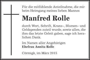 Traueranzeige von Manfred Rolle von Super Sonntag Bernburg