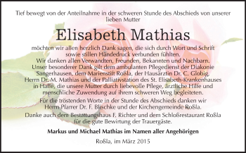 Traueranzeige von Elisabeth Mathias von WVG - Wochenspiegel SGH