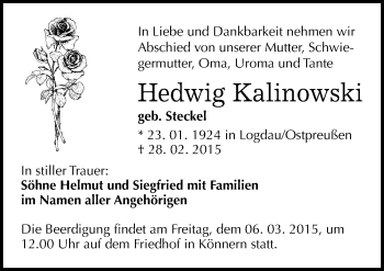 Traueranzeige von Hedwig Kalinowski von Mitteldeutsche Zeitung Bernburg