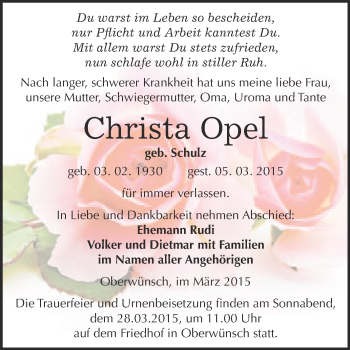 Traueranzeige von Christa Opel von WVG - Wochenspiegel Merseburg