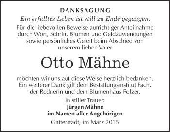 Traueranzeige von Otto Mähne von WVG - Wochenspiegel Merseburg