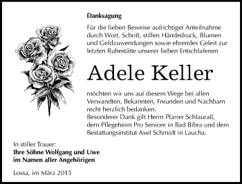 Traueranzeige von Adele Keller von Mitteldeutsche Zeitung Naumburg/Nebra
