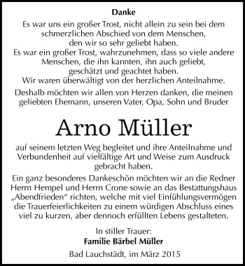 Traueranzeige von Arno Müller von Mitteldeutsche Zeitung Merseburg/Querfurt