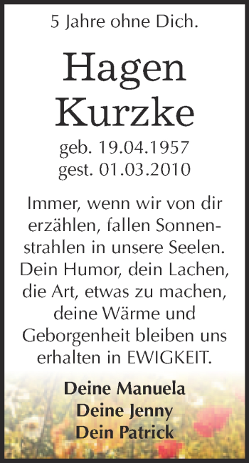 Traueranzeige von Hagen Kurzke von Super Sonntag Wittenberg