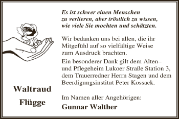 Traueranzeige von Waltraud Flügge von WVG - Wochenspiegel Dessau / Köthen