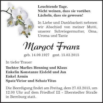 Traueranzeige von Margot Franz von Super Sonntag Bernburg