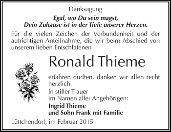 Traueranzeige von Ronald Thieme von Wochenspiegel Mansfelder Land