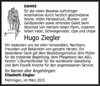 Traueranzeige von Hugo Ziegler von Mitteldeutsche Zeitung Aschersleben