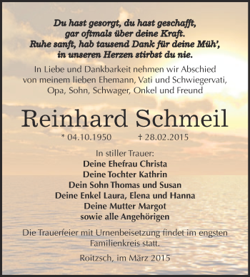 Traueranzeige von Reinhard Schmeil von WVG - Wochenspiegel Bitterfeld