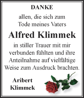 Traueranzeige von Alfred Klimmek von Super Sonntag Bernburg