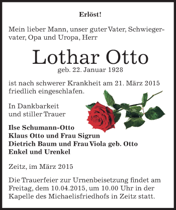Traueranzeige von Lothar Otto von Mitteldeutsche Zeitung Zeitz