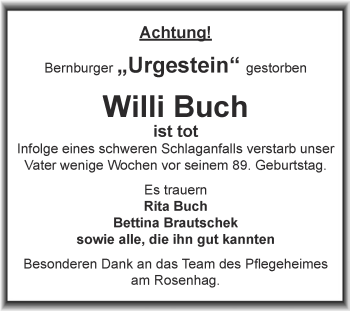 Traueranzeige von Willi Buch von Super Sonntag Aschersleben