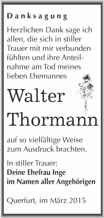 Traueranzeige von Walter Thormann von WVG - Wochenspiegel Merseburg