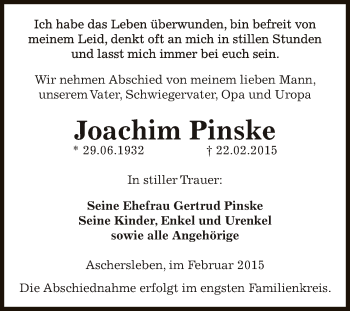 Traueranzeige von Joachim Pinske von Super Sonntag Aschersleben