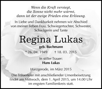 Traueranzeige von Regina Lukas von Mitteldeutsche Zeitung Quedlinburg