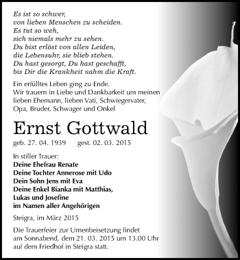 Traueranzeige von Ernst Gottwald von Mitteldeutsche Zeitung Merseburg/Querfurt
