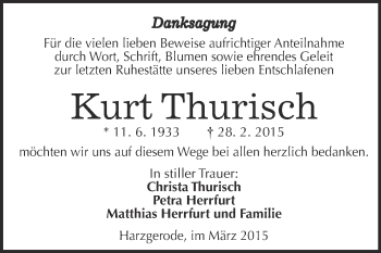 Traueranzeige von Kurt Thurisch von WVG - Wochenspiegel Quedlinburg