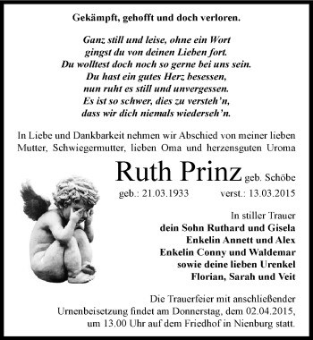 Traueranzeige von Ruth Prinz von Mitteldeutsche Zeitung Bernburg