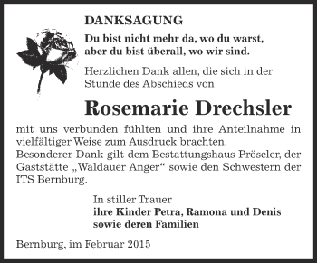 Traueranzeige von Rosemarie Drechsler von Super Sonntag Bernburg