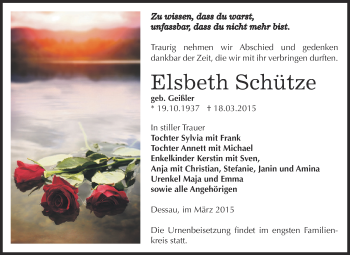 Traueranzeige von Elsbeth Schütze von WVG - Wochenspiegel Dessau / Köthen