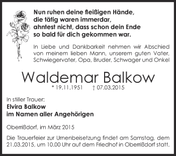 Traueranzeige von Waldemar Balkow von Super Sonntag SGH Mansf. Land