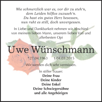 Traueranzeige von Uwe Wünschmann von Super Sonntag Wittenberg