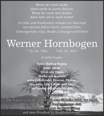 Traueranzeige von Werner Hornbogen von WVG - Wochenspiegel NMB / WSF / ZTZ