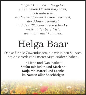 Traueranzeige von Helga Baar von WVG - Wochenspiegel NMB / WSF / ZTZ