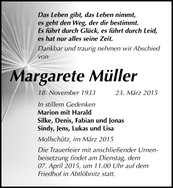 Traueranzeige von Margarete Müller von Mitteldeutsche Zeitung Naumburg/Nebra