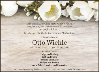 Traueranzeige von Otto Wiehle von WVG - Wochenspiegel Dessau / Köthen
