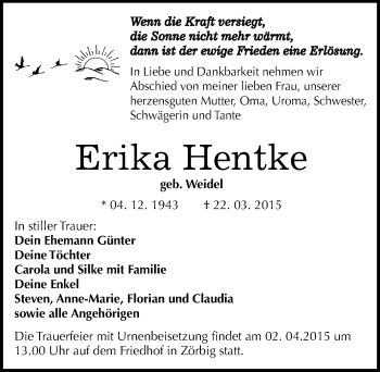 Traueranzeige von Erika Hentke von Mitteldeutsche Zeitung Bitterfeld