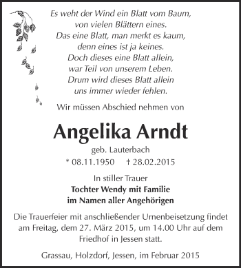 Traueranzeige von Angelika Arndt von WVG - Wochenspiegel Wittenberg