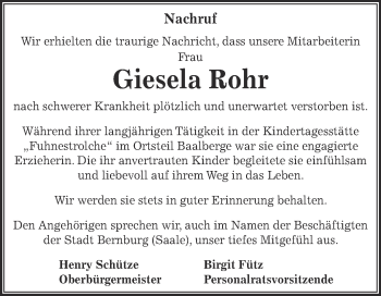 Traueranzeige von Giesela Rohr von Super Sonntag Bernburg