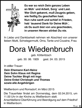 Traueranzeige von Dora Wiedenbruch von Mitteldeutsche Zeitung Zeitz