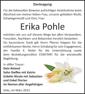Traueranzeige von Erika Pohle von Super Sonntag Zeitz