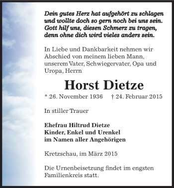 Traueranzeige von Horst Dietze von Mitteldeutsche Zeitung Zeitz