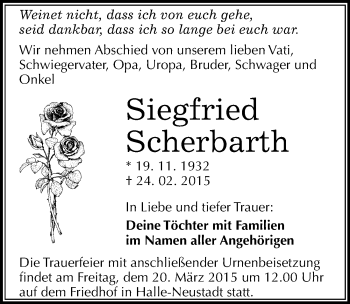 Traueranzeige von Siegfried Scherbarth von Mitteldeutsche Zeitung Halle/Saalkreis