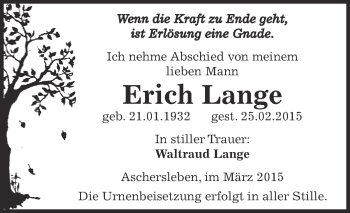 Traueranzeige von Erich Lange von Super Sonntag Aschersleben