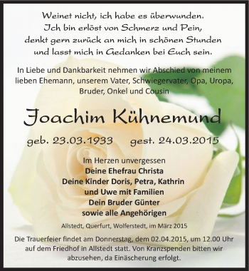 Traueranzeige von Joachim Kühnemund von Mitteldeutsche Zeitung Sangerhausen