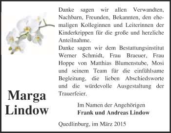 Traueranzeige von Marga Lindow von WVG - Wochenspiegel Quedlinburg