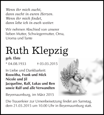 Traueranzeige von Ruth Klepzig von WVG - Wochenspiegel SGH