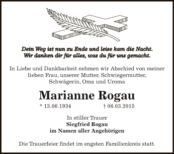 Traueranzeige von Marianne Rogau von Super Sonntag Bernburg